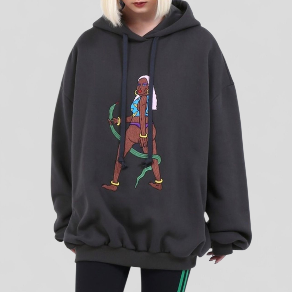 PUNYUS Amazoness Embroidered Hoodie Brushed Fleece Charcoal Size 4/XL Oversized